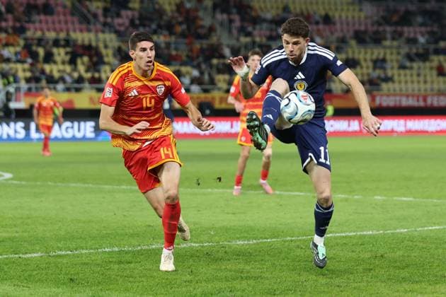 Mario Mladenovski of North Macedonia and Ryan Christie of Scotland in action. North Macedonia v Scotland, UEFA Nations League, Football, Nacionalna Arena Tose Proeski, Skopje, North Macedonia - 03 Oct 2026Skopje Nacionalna Arena Tose Proeski North Macedonia  Copyright: xNikolaxKrstic Shutterstockx 17184131du