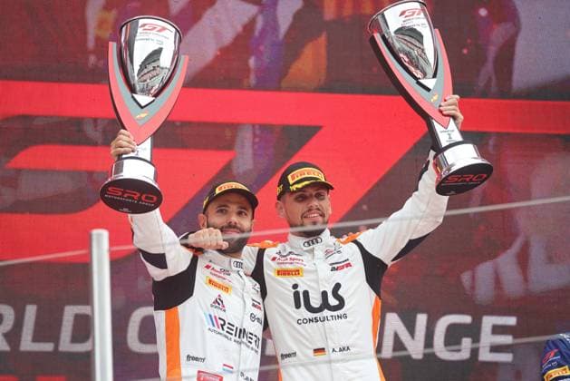 GT World Challenge Europe powered by AWS Barcelona 2026 Dylan Pereira and Alex Aka of Tresor Attempto Racing stand on the podium at the Circuit de Barcelona-Catalunya after winning the GT World Challenge Europe race in Barcelona, Spain, on October 3, 2026. Barcelona Barcelona Spain  Copyright: xUrbanandsportx originalFilename:valls-gtworldc261103_np3WH.jpg
