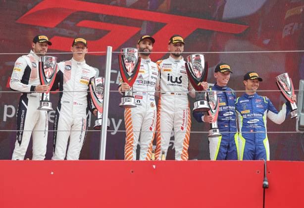 GT World Challenge Europe powered by AWS Barcelona 2026 Dylan Pereira and Alex Aka of Tresor Attempto Racing, Bastian Buus and Ricardo Feller of Lionspeed GP, and Patric Niederhauser and Luca Engstler of Rutronik Racing stand on the podium as the top three finishing teams in the GT World Challenge Europe race at the Circuit de Barcelona-Catalunya in Barcelona, Spain, on October 3, 2026. Barcelona Barcelona Spain  Copyright: xUrbanandsportx originalFilename:valls-gtworldc261103_npUmp.jpg