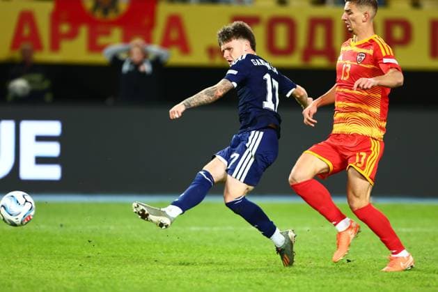 Ben Gannon-Doak of Scotland takes a shot which is saved by Stole Dimitrievski of North Macedonia (not pictured). North Macedonia v Scotland, UEFA Nations League, Football, Nacionalna Arena Tose Proeski, Skopje, North Macedonia - 03 Oct 2026Skopje Nacionalna Arena Tose Proeski North Macedonia  Copyright: xNikolaxKrstic Shutterstockx 17184131ea
