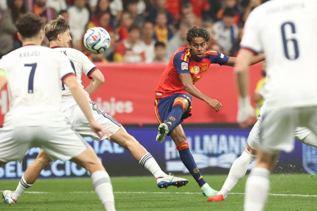 RECORD DATE NOT STATED 3rd October 2026; Carlos Tartiere Stadium, Oviedo, Spain; UEFA Nations League Football, Spain versus Czech Republic; Spain 19, Lamine Yamal, with shot that puts Spain up 1-0 AmandaxMcMaster