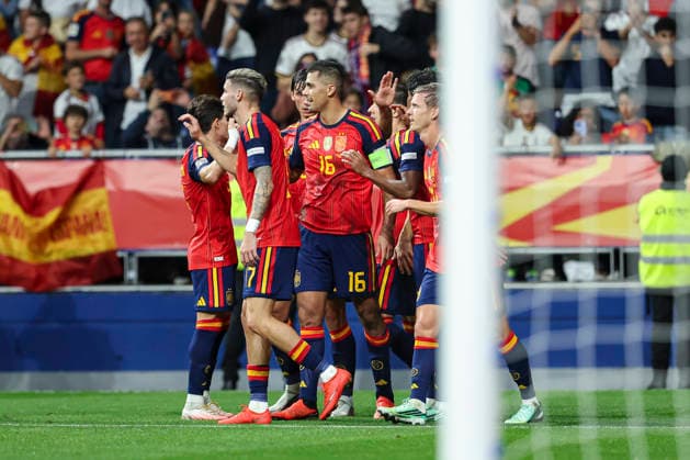 October 3, 2026, Oviedo, Asturias, Spain: Rodri of Spain celebrates after scoring his team s second goal with teammates during the UEFA Nations League 2026 27 group phase match between Spain and Czech Republic at Carlos Tartiere stadium on October 03, 2026, in Oviedo, Spain. Oviedo Spain - ZUMAa181 20261003_zaa_a181_102 Copyright: xIrinaxR.xHx