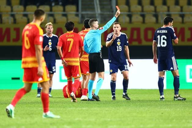 Referee Francois Letexier shows a red card to Scott McKenna of Scotland. North Macedonia v Scotland, UEFA Nations League, Football, Nacionalna Arena Tose Proeski, Skopje, North Macedonia - 03 Oct 2026Skopje Nacionalna Arena Tose Proeski North Macedonia  Copyright: xNikolaxKrstic Shutterstockx 17184131gb
