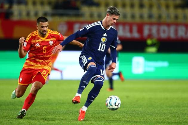 Visar Musliu of North Macedonia and Robbie Ure of Scotland in action. North Macedonia v Scotland, UEFA Nations League, Football, Nacionalna Arena Tose Proeski, Skopje, North Macedonia - 03 Oct 2026Skopje Nacionalna Arena Tose Proeski North Macedonia  Copyright: xNikolaxKrstic Shutterstockx 17184131gj