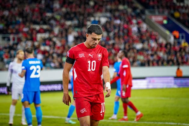 Soccer: UEFA Nations League 2026–2027, Matchday 3: Switzerland vs. Slovenia at Thermoplan Arena, Lucerne; Zeki Amdouni (Switzerland), age 10, showing his facial expressions and emotions as he is substituted Copyright: xJOERANxSTEINSIEKx