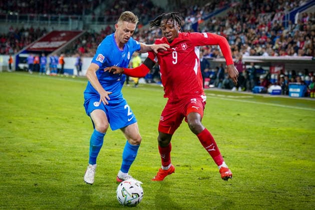 Soccer: UEFA Nations League 2026–2027, Matchday 3: Switzerland vs. Slovenia at Thermoplan Arena Lucerne—Johan Manzambi (Switzerland), 9: facial expressions, emotions; and Zan Karnicnik (Slovenia), 2: in a tackle Copyright: xJOERANxSTEINSIEKx