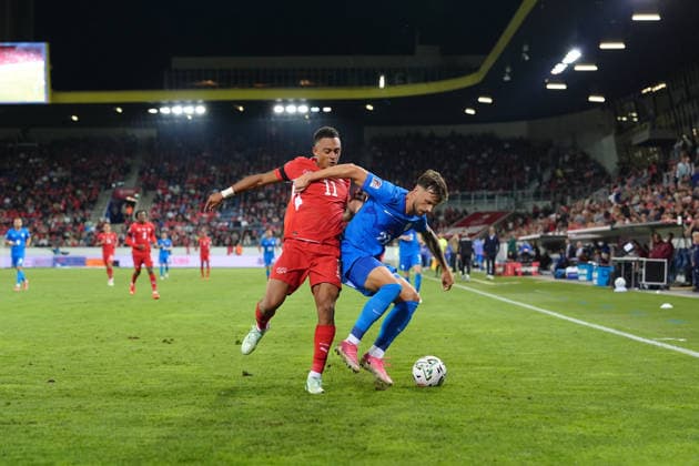 Luzern, Switzerland - October 03: David Brekalo (23 SLO) against Dan Ndoye (11 SUI) during the UEFA Nations League match between Switzerland and Slovenia at thermoplan arena on October 03, 2026 in Luzern, Switzerland. Copyright: xKjetilxWaberx xSPPx Sportspressphoto_SPR244827