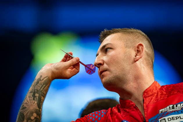 RECORD DATE NOT STATED 3rd October 2026; Mattioli Arena, Leicester, England; PDC World Grand Prix Darts Day 6; Nathan Aspinall in action on the oche his semi final match against Gerwyn Price GodfreyxPitt