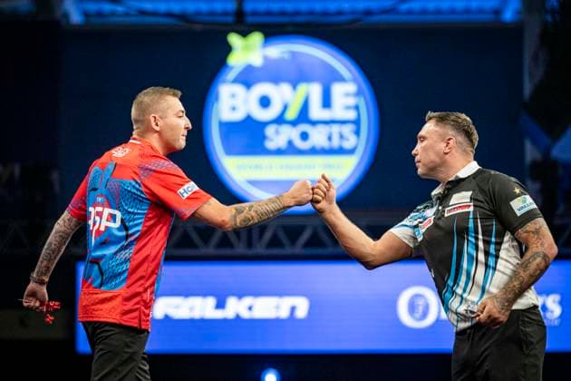 RECORD DATE NOT STATED 3rd October 2026; Mattioli Arena, Leicester, England; PDC World Grand Prix Darts Day 6; Nathan Aspinall fist bumps his opponent Gerwyn Price before their semi final match GodfreyxPitt