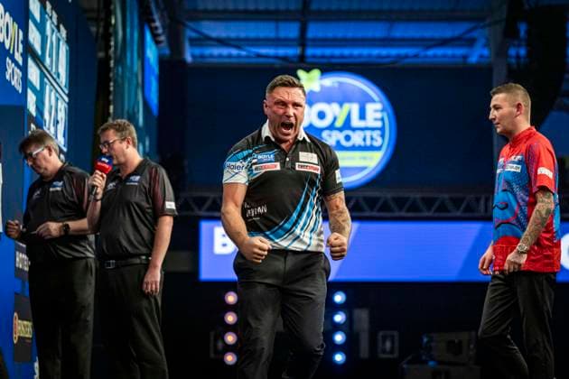 RECORD DATE NOT STATED 3rd October 2026; Mattioli Arena, Leicester, England; PDC World Grand Prix Darts Day 6; Gerwyn Price celebrates winning his semi final match against Nathan Aspinall GodfreyxPitt