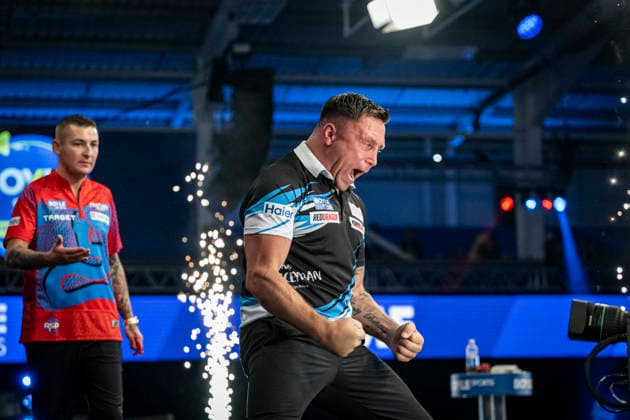RECORD DATE NOT STATED 3rd October 2026; Mattioli Arena, Leicester, England; PDC World Grand Prix Darts Day 6; Gerwyn Price celebrates winning his semi final match against Nathan Aspinall GodfreyxPitt