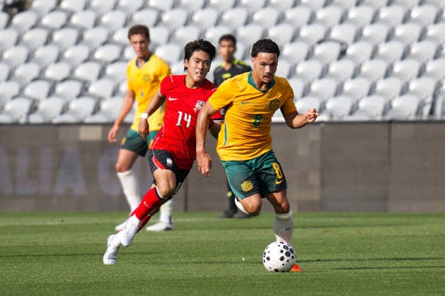 Australia Vs Korea Republic in Gosford - 03 Oct 2026 Park Hyeseong (back) of Korea Republic football team and Rhys Youlley (front) of Australia football team seen in action during the U23 International Friendlies match between Australia and Korea Republic held at polytec Stadium. Final score; Australia 1:2 Korea Republic. Gosford Australia Copyright: xLuisxVeniegrax xSOPAxImagesx 20261003_FAIF_LuisVeniegra3436