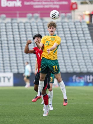 Australia Vs Korea Republic in Gosford - 03 Oct 2026 Ha Jeongwoo (back) of Korea Republic football team and Quinn MacNicol (front) of Australia football team seen in action during the U23 International Friendlies match between Australia and Korea Republic held at polytec Stadium. Final score; Australia 1:2 Korea Republic. Gosford Australia Copyright: xLuisxVeniegrax xSOPAxImagesx 20261003_FAIF_LuisVeniegra3473