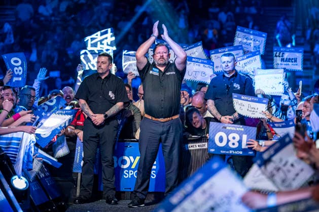 RECORD DATE NOT STATED 3rd October 2026; Mattioli Arena, Leicester, England; PDC World Grand Prix Darts Day 6; James Wade is introduced to the fans before the start of his semi final match against Luke Humphries GodfreyxPitt