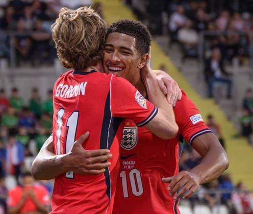 03 October 2026 - Croatia v England - UEFA Nations League - Stadion HNK - Rijeka - Croatia. Croatia v England - UEFA Nations League - Stadion HNK - Rijeka - Croatia. England s Jude Bellingham celebrates his goal with Anthony Gordon. Picture : Mark Pain Alamy Live News RIJEKA CROATIA  Copyright: xMarkxPainx