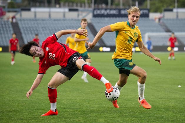 October 3, 2026, Gosford, Australia: Lee Taegyeong (L) of Korea Republic football team and Nathan Barrie (R) of Australia football team seen in action during the U23 International Friendlies match between Australia and Korea Republic held at polytec Stadium. Final score; Australia 1:2 Korea Republic. Gosford Australia - ZUMAs197 20261003_aaa_s197_172 Copyright: xLuisxVeniegrax
