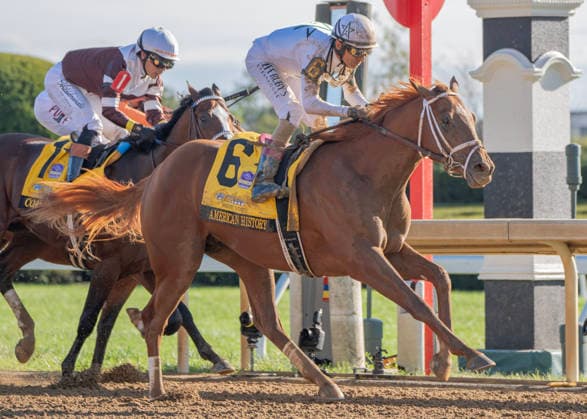October 3, 2026, Lexington, Kentucky, USA: American History (6) ridden by John Velazquez wins the Claiborne Breeders Futurity (Grade 1) on October 3, 2026. Jessica Morgan Eclipse Sportswire CSM Lexington USA - ZUMAcs17 20261003_faf_cs17_166 Copyright: x01354200x