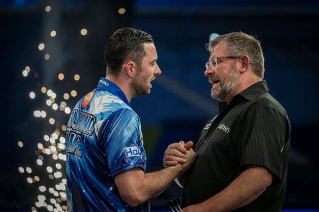 RECORD DATE NOT STATED 3rd October 2026; Mattioli Arena, Leicester, England; PDC World Grand Prix Darts Day 6; James Wade congratulates Luke Humphries on his victory in their semi final match GodfreyxPitt