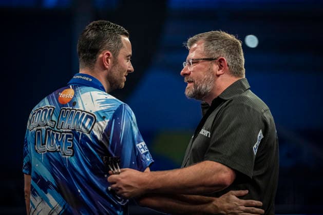 RECORD DATE NOT STATED 3rd October 2026; Mattioli Arena, Leicester, England; PDC World Grand Prix Darts Day 6; James Wade congratulates Luke Humphries on his victory in their semi final match GodfreyxPitt