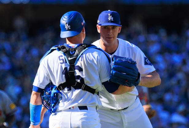 October 3, 2026, Los Angeles, California, USA: Closer Evan Phillips 59 of the Los Angeles Dodgers is congratulated by Will Smith 16 during a NLDS Game 1 against the Atlanta Braves on Saturday October 3, 2026 at Dodger Stadium in Los Angeles, California. JAVIER ROJAS PI Los Angeles USA - ZUMAp124 20261003_zaa_p124_021 Copyright: xJavierxRojasx
