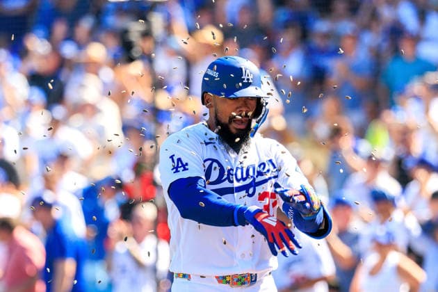 October 3, 2026, Los Angeles, California, USA: Teoscar Hernandez 37 of the Los Angeles Dodgers is congratulated with sunflower seeds after hitting a two-run home run in the fourth inning during a NLDS Game 1 against the Atlanta Braves on Saturday October 3, 2026 at Dodger Stadium in Los Angeles, California. JAVIER ROJAS PI Los Angeles USA - ZUMAp124 20261003_zaa_p124_008 Copyright: xJavierxRojasx