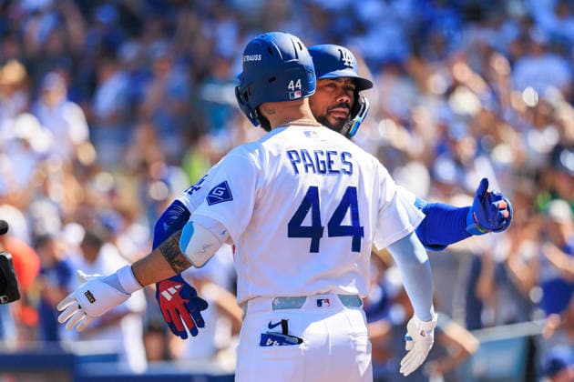 October 3, 2026, Los Angeles, California, USA: Teoscar Hernandez 37 of the Los Angeles Dodgers is congratulated by Andy Pages 44 after hitting a two-run home run in the fourth inning during a NLDS Game 1 against the Atlanta Braves on Saturday October 3, 2026 at Dodger Stadium in Los Angeles, California. JAVIER ROJAS PI Los Angeles USA - ZUMAp124 20261003_zaa_p124_009 Copyright: xJavierxRojasx