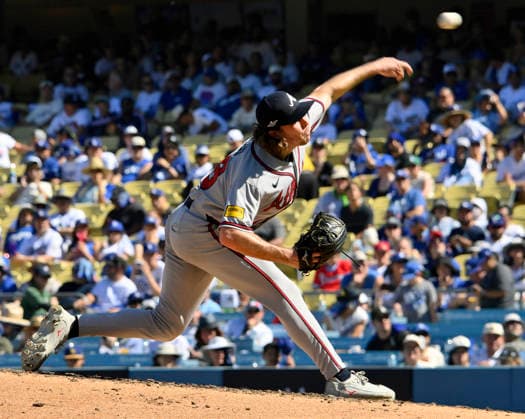 Atlanta Braves starting pitcher Dylan Dodd throws a pitch in the third inning against the Los Angeles Dodgers in game one of the National League Division Series at Dodger Stadium on Saturday, October 3, 2026 in Los Angeles, California.  LAP20261003800 JIMxRUYMEN