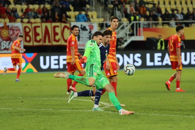 North Macedonia v Scotland - UEFA Nations League SKOPJE, NORTH MACEDONIA - OCTOBER 3: Stole Dimitrievski (23) of North Macedonia vies with his opponent during the UEFA Nations League B League Group 1 match between North Macedonia and Scotland at the National Arena Toshe Proeski in Skopje, North Macedonia, on October 3, 2026. Umeys Sulejman Anadolu Skopje North Macedonia. Editorial use only. Please get in touch for any other usage.  Copyright: x2026xAnadoluxUmeysxSulejmanx