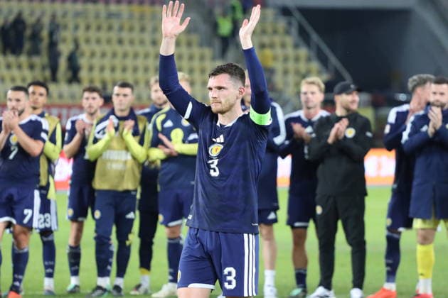 North Macedonia v Scotland - UEFA Nations League SKOPJE, NORTH MACEDONIA - OCTOBER 3: Scotland captain Andrew Robertson (3) greets supporters as Scotland celebrate their victory after the UEFA Nations League League B Group 1 match between North Macedonia and Scotland at the National Arena Toshe Proeski in Skopje, North Macedonia, on October 3, 2026. Umeys Sulejman Anadolu Skopje North Macedonia. Editorial use only. Please get in touch for any other usage.  Copyright: x2026xAnadoluxUmeysxSulejmanx