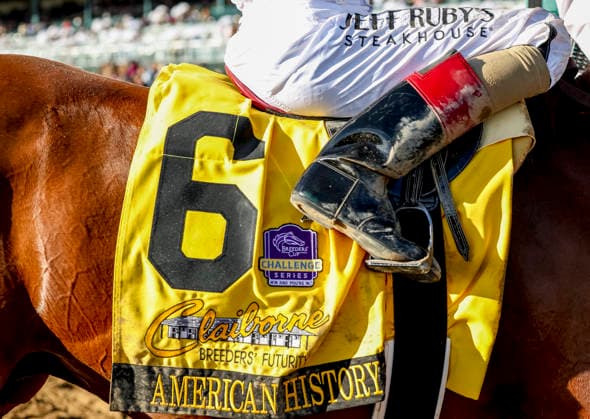 October 3, 2026, Lexington, Ky, USA: American History (6) ridden by John Velazquez wins the Claiborne Breeders Futurity (Grade 1) at Keeneland in Lexington, Kentucky on October 3, 2026. Eclipse Sportswire CSM Lexington USA - ZUMAcs17 20261003_faf_cs17_288 Copyright: xTimxSudduthx