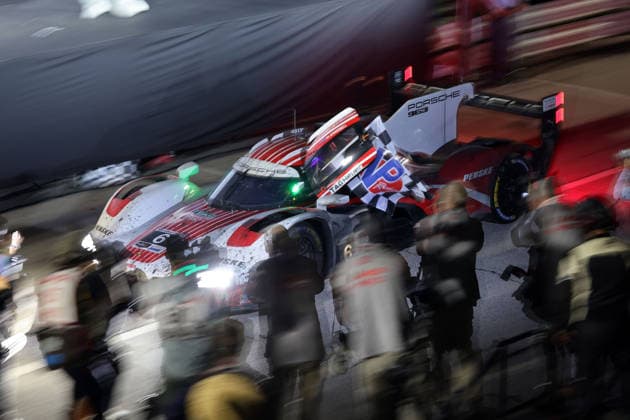 Race winner Laurens Vanthoor in the BEL Porsche 963 No. 6 drives into Victory Lane for the awards ceremony, IMSA Series, 29th Motul Petit Le Mans, Road Atlanta, Georgia, USA, October 3, 2026, 10-hour race