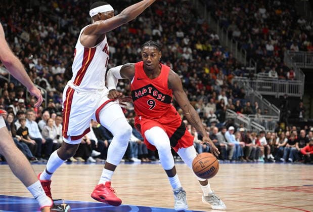 October 3, 2026, Quebec, On, Canada: Toronto Raptors; RJ Barrett, right, drives past Miami Heat s Bam Adebayo, left, during NBA, Basketball Herren, USA preseason basketball action in Quebec City, Saturday, Oct. 3, 2026. Canada News - October 3, 2026 - ZUMAc35_ 20261003_zaf_c35_128 Copyright: xJacquesxBoissinotx