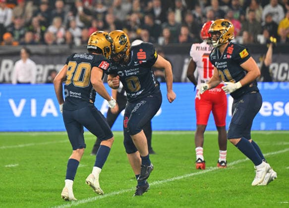 From left: Jordi Torrededia and player Florian Finke, both from Dresden, celebrate; celebration; GFL Bowl; Bowl; German championship final between the Dresden Monarchs and the Potsdam Royals; final; American football; German Football League; GFL; Dresden; Rudolf Harbig Stadium, Dresden; October 3, 2026,