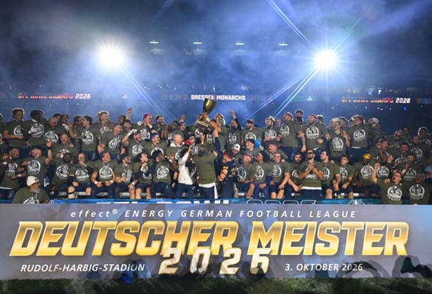 The Dresden Monarchs are the 2026 German Champions; award ceremony featuring the championship trophy, trophy, GFL Bowl, Bowl, German Championship final between the Dresden Monarchs and the Potsdam Royals, final, American football, German Football League, GFL, Dresden, Rudolf Harbig Stadium Dresden, October 3, 2026,