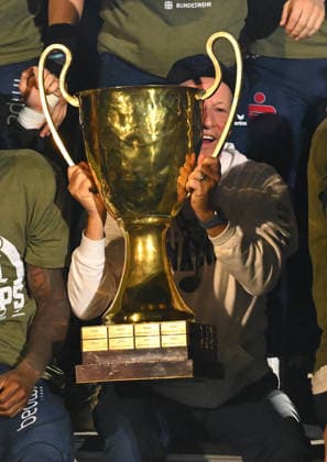 Head Coach Greg Seamon with the championship trophy, trophy, the Dresden Monarchs are the 2026 German Champions, award ceremony, GFL Bowl, Bowl, German championship final between the Dresden Monarchs and the Potsdam Royals, final, American football, German Football League, GFL, Dresden, Rudolf Harbig Stadium, Dresden, October 3, 2026,