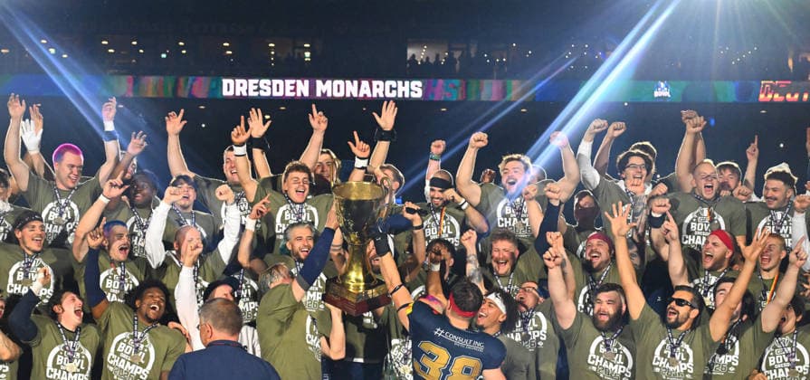 The Dresden Monarchs are the 2026 German Champions; award ceremony featuring the championship trophy, trophy, GFL Bowl, Bowl, German Championship final between the Dresden Monarchs and the Potsdam Royals, final, American football, German Football League, GFL, Dresden, Rudolf Harbig Stadium Dresden, October 3, 2026,