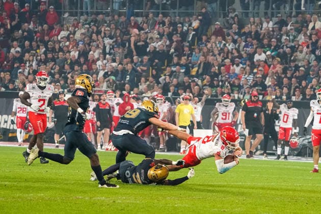 Hugh Harvey of the Potsdam Royals is stopped by the Dresden defense on 08. Dresden Monarchs vs. Potsdam Royals, American Football, German Football League, GFL Bowl, 2026 Season, October 3, 2026 Dresden Monarchs vs. Potsdam Royals, American Football, German Football League, GFL Bowl, 2026 season, October 3, 2026 Dresden Copyright: xEibner-Pressefoto PiaxSchindlerx EP_PSR