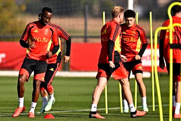 France v Belgium - UEFA Nations League 2026 Media Activities 04 10 2026 TUBIZE, BELGIUM - OCTOBER 04 : Lukebakio Dodi forward of Belgium, De Bruyne Kevin forward of Belgium and Sabbe Kyriani defender of Belgium pictured during a training session ahead of the UEFA Nations League tournament league phase matchday 4 group A1 match between France and Belgium on October 4, 2026 in Tubize, Belgium, 04 10 2026 Tubize Belgium  Copyright: xTomasxSiskx