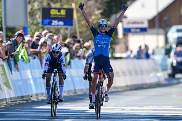 Italian Azzurra Ballan celebrates after winning the junior women Road Race race (66,3 km) at the cycling UEC Road European Championships, in Ljubljana, Slovenia Sunday 4 October 2026. The UEC Road European Championships are taking place from 02 to 07 October in Ljubljana, Slovenia. DAVIDxPINTENS  x188684767x
