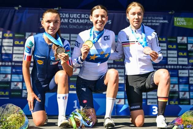 French Morgane Lestrade; Italian Azzurra Ballan, German Klara Dworatzek pictured on the podium after the junior women Road Race race (66,3 km) at the cycling UEC Road European Championships, in Ljubljana, Slovenia Sunday 4 October 2026. The UEC Road European Championships are taking place from 02 to 07 October in Ljubljana, Slovenia. DAVIDxPINTENS  x188684909x