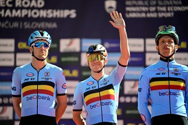 UEC 2026 Road European Championships Ljubljana 04 10 2026 LJUBLJANA, SLOVENIA - OCTOBER 04 : Vervaeke Louis (BEL), Evenepoel Remco (BEL) and De Pestel Sander (BEL) pictured during the teams presentations before the Men Elite cycling road race at the 2026 UEC Road European Championships Ljubljana, an UCI Continental Championships cycling race of 196,3 km with start in Ljubljana and finish in Sencur on October 4, 2026 in Ljubljana, Slovenia, 04 10 2026 Ljubljana Slovenia  Copyright: xJanxDexMeuleneirx