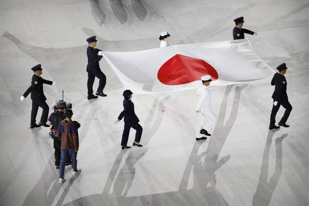 Aichi-Nagoya Asian Games: Closing ceremony The Japanese national flag is carried during the closing ceremony of the Aichi-Nagoya Asian Games at Mizuho Park Athletic Stadium in Nagoya, central Japan, on Oct. 4, 2026.  A14AA0005630006P