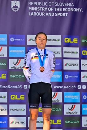 Klara DWORATZEK 3rd Place Road Race Women Juniors UEC Road European Championships 2026 Klara DWORATZEK Germany Third Place Bronze Road Race Women Juniors 66 km October 4, 2026 UEC Road Cycling European Championships 2026 Official 2026 UEC Road European Championships from October 2 to 7, 2026, in Ljubljana and Å enÄ u008Dur, Slovenia