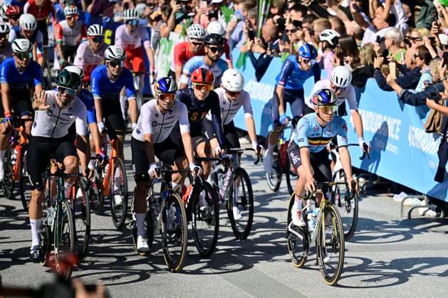 UEC 2026 Road European Championships Ljubljana 04 10 2026 LJUBLJANA, SLOVENIA - OCTOBER 04 : Illustration picture showing the start with Mezgec Luka (SVN) , Roglic Primoz (SLO) and Evenepoel Remco (BEL) during the Men Elite cycling road race at the 2026 UEC Road European Championships Ljubljana, an UCI Continental Championships cycling race of 196,3 km with start in Ljubljana and finish in Sencur on October 4, 2026 in Ljubljana, Slovenia, 04 10 2026 Ljubljana Slovenia  Copyright: xJanxDexMeuleneirx