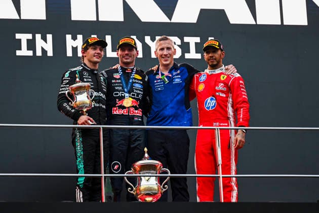 F1 - BAHRAIN GRAND PRIX IN MALAYSIA 2026 KIMI ANTONELLI Andrea (ita), Mercedes AMG F1 Team W16, VERSTAPPEN Max (nld), Red Bull Racing Ford RB22, HAMILTON Lewis (gbr), Scuderia Ferrari SF-26, portrait, podium during the 2026 Formula 1 Bahrain Grand Prix in Malaysia, 16th round of the 2026 Formula One World Championship, WM, Weltmeisterschaft from October 2 to 4, 2026 on the Sepang International Circuit, in Sepang, Malaysia - SepangMalaysia Copyright: xALBERTOxVIMERCATIx