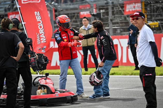 MOTO - MOTO GP - GRAND PRIX OF JAPAN 2026 MARQUEZ Marc (spa), Ducati Lenovo Team, Ducati Desmosedici GP26, portrait with MARTIN Jorge (spa), Aprilia Racing, Aprilia RS-GP26 during the kart race prior to the the 2026 MotoGP Motul Grand Prix of Japan on the Twin Ring Motegi Circuit from October 2 to 4th, At Motegi, Japan - MotegiJapan  Copyright: xGIGIxSOLDANOx