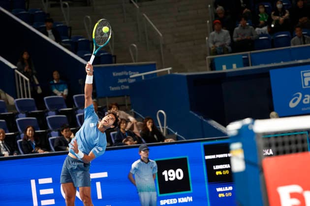 October 4, 2026, Tokyo, Japan: Adolfo Daniel Vallejo (Paraguay) serves against Jiri Lehecka (Czechia) during their quarterfinal match at the Kinoshita Group Japan Open Tennis Championships at Ariake Colosseum in Tokyo. The tournament runs from September 29 to October 6. Lehecka won 6-1, 6-1. Tokyo Japan - ZUMAm191 20261004_aap_m191_147 Copyright: xRodrigoxReyesxMarinx