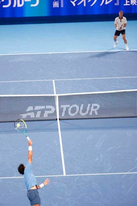 October 4, 2026, Tokyo, Japan: (From bottom to top) Adolfo Daniel Vallejo (Paraguay) serves against Jiri Lehecka (Czechia) during their quarterfinal match at the Kinoshita Group Japan Open Tennis Championships at Ariake Colosseum in Tokyo. The tournament runs from September 29 to October 6. Lehecka won 6-1, 6-1. Tokyo Japan - ZUMAm191 20261004_aap_m191_161 Copyright: xRodrigoxReyesxMarinx
