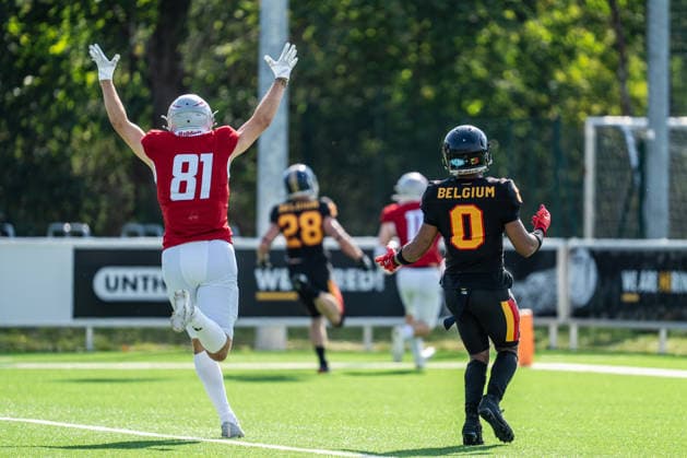 AMERICAN FOOTBALL - IFAF EC, AUT vs BEL SALZBURG,AUSTRIA,04.OCT.26 - AMERICAN FOOTBALL - IFAF European Championship, EM, Europameisterschaft Austria vs Belgium. Image shows the rejoicing of AUT.  GEPAxpictures xJulioxArellano