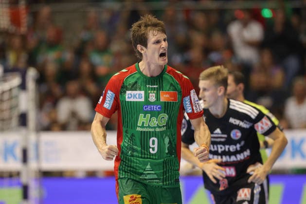 October 4, 2026, xtgx, Opel HBL Handball, SC Magdeburg vs. HC Erlangen emspor, from left: Oskar Vind Rasmussen (Magdeburg), 9, celebration, goal celebration, celebrating the goal, Magdeburg celebration